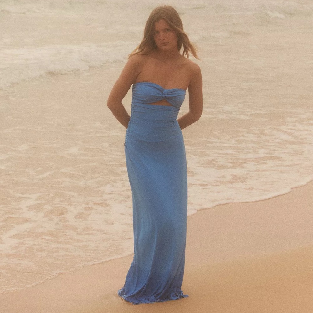 Zara Strapless Light Blue Twist-Front Maxi Dress